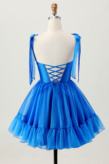 A Line Royal Blue Spaghetti Straps Ruffled Homecoming Dress
